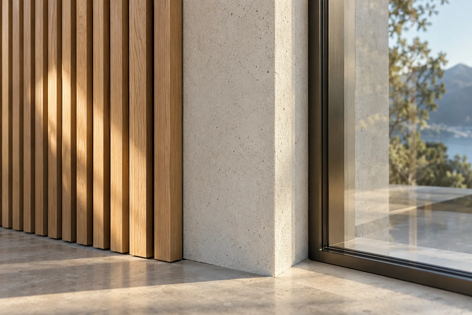 Materialdetail aus Eichenholz, Glas und heller mineralischer Fläche